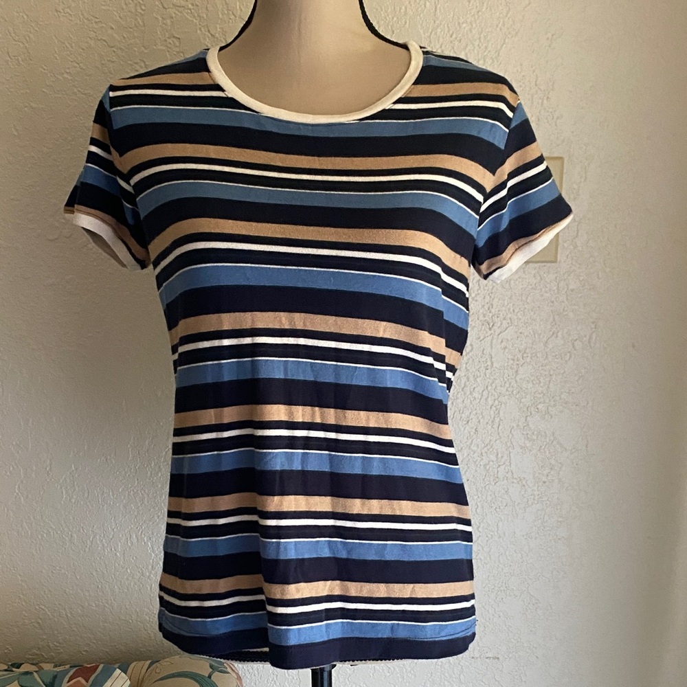 Nation LTD Navy and Tan Striped Short Sleeve Small Tee